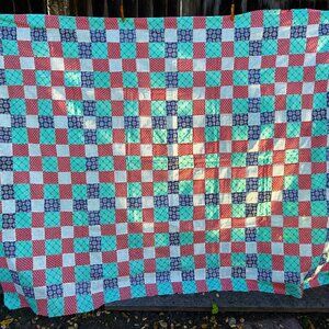 Vintage 9 Patch Quilt Top Flour Feed Sack Ready to Finish 92x72